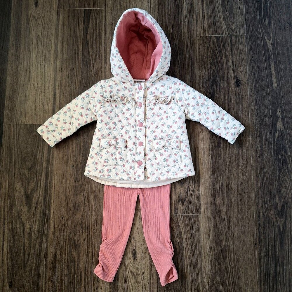 💙 Nicole Miller Girls Set Rose Print Quilted Jacket and Pants Size 12 months Wa
